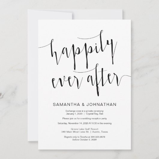 編集可能なモダンブラックスクリプト、ウェディングエロープメント 招待状 (正面)