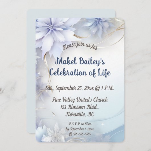 編集可能なライトブルーの花 お悔やみと感謝の気持ちを伝える 招待状 (正面/裏面)