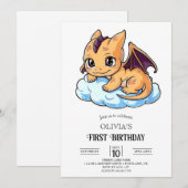 編集可能なリトルデジタルドラゴン1歳の誕生日 招待状 (正面/裏面)
