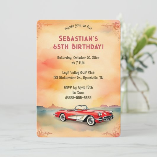 編集可能なレトロな赤い車 招待状 (スタンド正面)