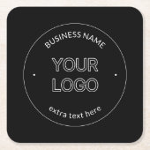編集可能なロゴの置き換えと会社名 |黒 スクエアペーパーコースター (正面)