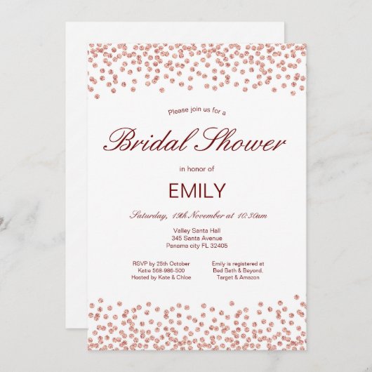 編集可能なローズゴールドの結婚前お茶会招待状 招待状 (正面/裏面)