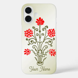 編集可能なヴィンテージゴールドと赤の花のエッチング iPhone 16ケース