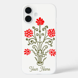 編集可能なヴィンテージゴールドと赤の花のエッチング iPhone 16ケース