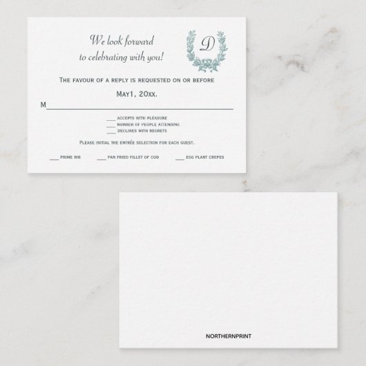 編集可能なヴィンテージ サージュグリーン フレンチ リース RSVP エンクロージャーカード (正面/裏面)