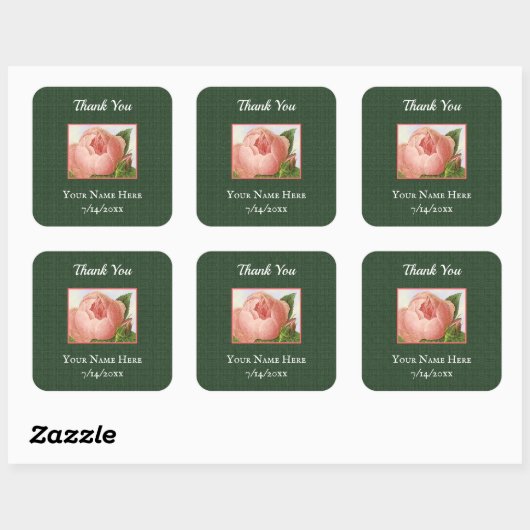 編集可能なヴィンテージ ピンクのキャベツのバラのサンキュー スクエアシール (シート)