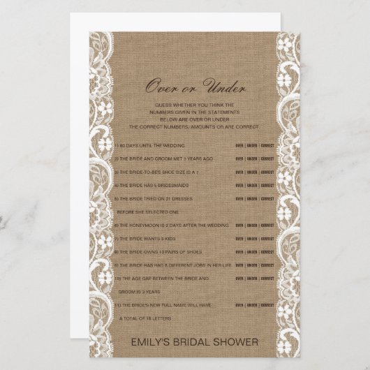 編集可能な上または下のブライダルシャワーゲーム (正面/裏面)