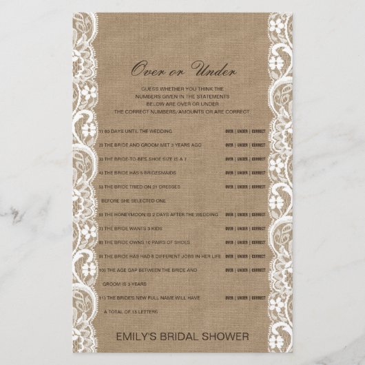 編集可能な上または下のブライダルシャワーゲーム (正面)
