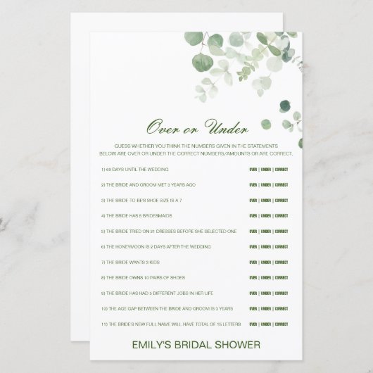 編集可能な上または下のブライダルシャワーゲーム (正面/裏面)