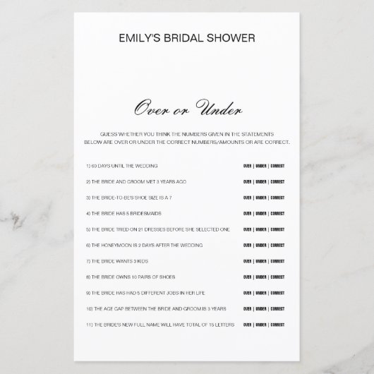 編集可能な上または下のブライダルシャワーゲーム (正面)