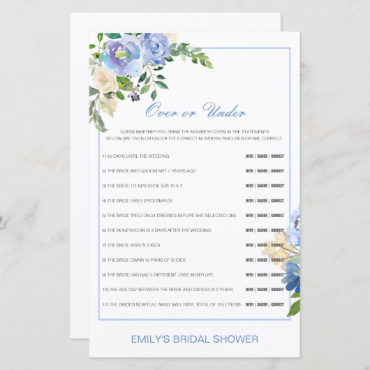 編集可能な上または下のブライダルシャワーゲーム (正面/裏面)