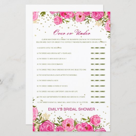 編集可能な上または下のブライダルシャワーゲーム (正面/裏面)