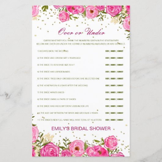 編集可能な上または下のブライダルシャワーゲーム (正面)