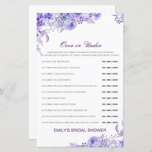 編集可能な上または下のブライダルシャワーゲーム (正面/裏面)