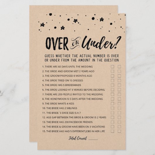 編集可能な上または下ブライダルシャワーゲーム (正面/裏面)