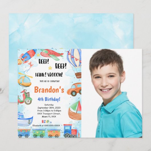 編集可能な交通機関の誕生日パーティー写真 招待状 (正面/裏面)