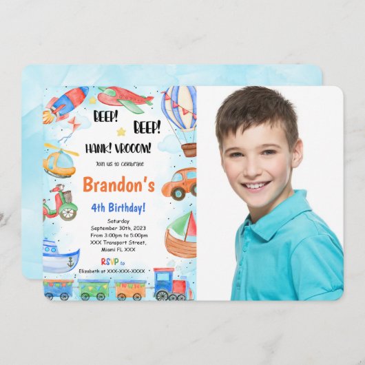 編集可能な交通機関の誕生日パーティー写真 招待状 (正面/裏面)