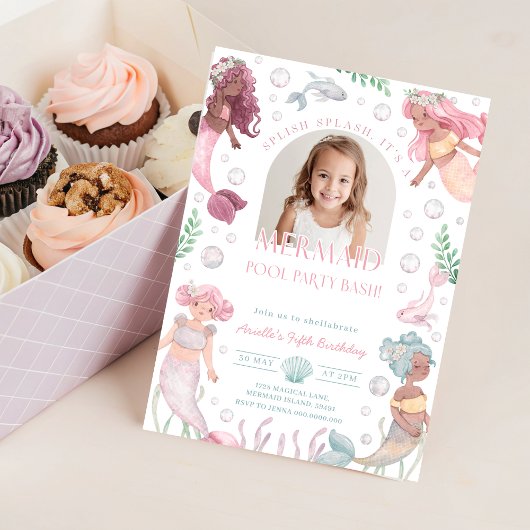 編集可能な人魚のプールパーティー招待状。 スプラッシュ！お誕生日プールパーティー。 印刷可能な夏の水 招待状