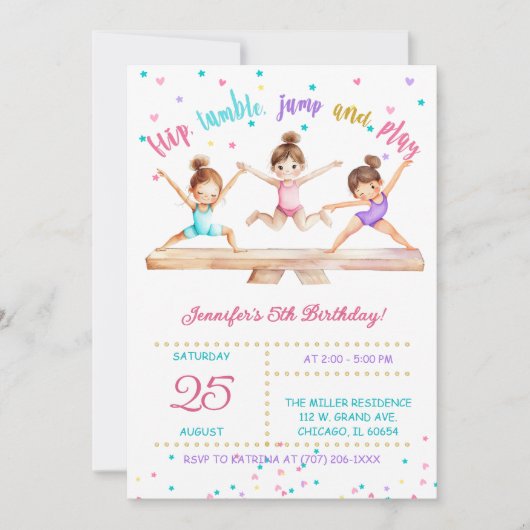 編集可能な体操の誕生日パーティーガールズ 招待状 (正面)
