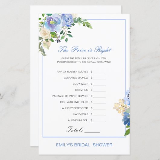 編集可能な価格は正しいブライダルシャワーゲーム (正面/裏面)