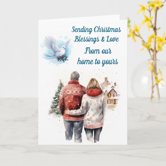 編集可能な冬のカップルクリスマスカード カード (黄色い花)