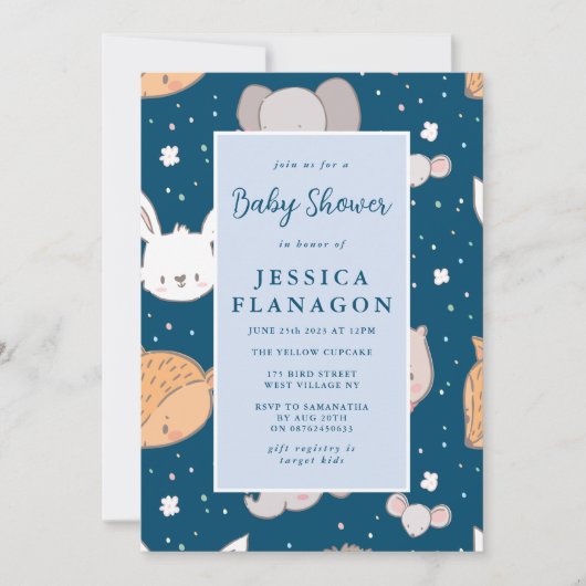 編集可能な動物サファリジャングルブルーベビーシャワー 招待状 (正面)