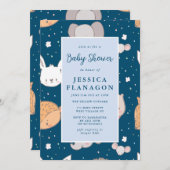 編集可能な動物サファリジャングルブルーベビーシャワー 招待状 (正面/裏面)
