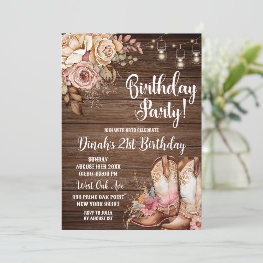 編集可能な南西の素朴な女性のカーボーイ誕生日のinvi 招待状 (スタンド正面)