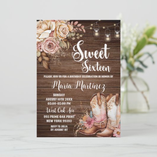 編集可能な南西部の素地女性のカーボーイSweet sixteen 招待状 (スタンド正面)