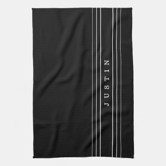 編集可能な名前とジオメトリストライプのオプション |黒と白 キッチンタオル (縦)