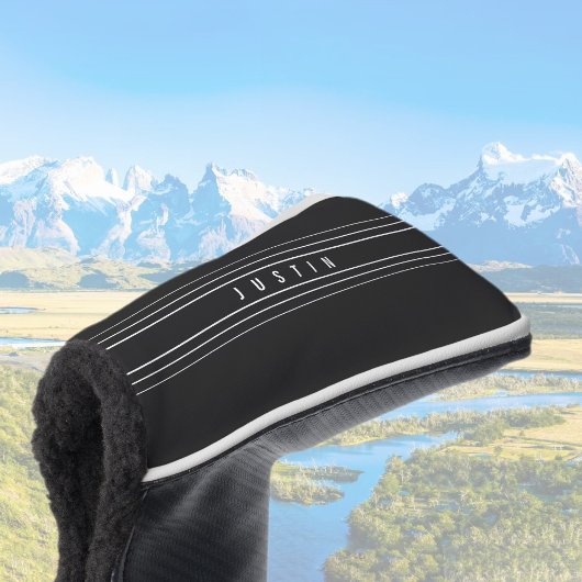 編集可能な名前とジオメトリストライプのオプション |黒と白 ゴルフヘッドカバー