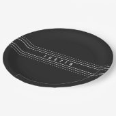 編集可能な名前とジオメトリストライプのオプション |黒と白 ペーパープレート (アングル)