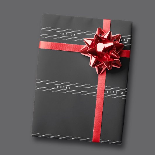 編集可能な名前とジオメトリストライプのオプション |黒と白 ラッピングペーパー