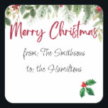 編集可能な名前を付けたHolly Merry Christmasラベル スクエアシール<br><div class="desc">編集可能な名前の明るいメリークリスマスシール。フェスティバルの葉と果実。</div>