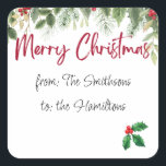 編集可能な名前を付けたHolly Merry Christmasラベル スクエアシール<br><div class="desc">編集可能な名前の明るいメリークリスマスシール。フェスティバルの葉と果実。</div>