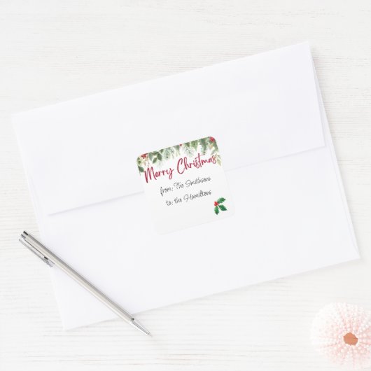編集可能な名前を付けたHolly Merry Christmasラベル スクエアシール (封筒)