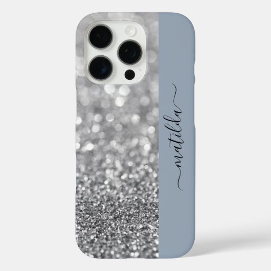 編集可能な名前グリッター《写真》ぼけ味シルバー&ほこりっぽいブルー Case-Mate iPhoneケース (裏面)