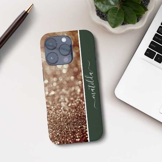 編集可能な名前グリッター《写真》ぼけ味バラ金ゴールドと深い緑 Case-Mate iPhoneケース