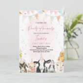 編集可能な呼び出し全パーティー動物ファームガール誕生 招待状 (スタンド正面)