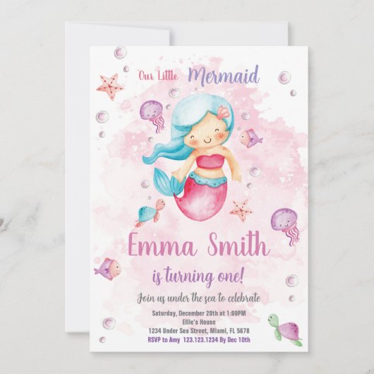 編集可能な女の子の海の下のパーティーカードと水 招待状 (正面)