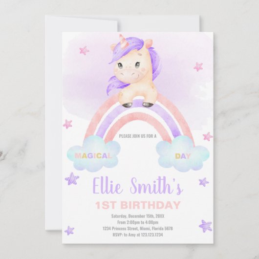 編集可能な女の子ファンタジーパーティーカードときらめき 招待状 (正面)