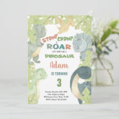 編集可能な子供の誕生日パーティーカード ティラノサウルス & ジャングルテーマ 招待状 (スタンド正面)