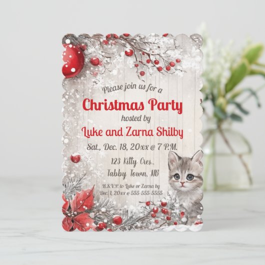 編集可能な子猫とベリーのクリスマスパーティー 招待状 (スタンド正面)