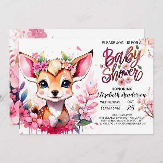 編集可能な子鹿の赤ちゃんシャワー 招待状 (正面/裏面)