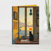 編集可能な孤独な猫が夕日を眺めるカード カード (正面)