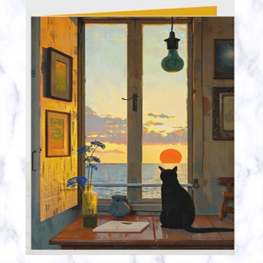 編集可能な孤独な猫が夕日を眺めるカード カード