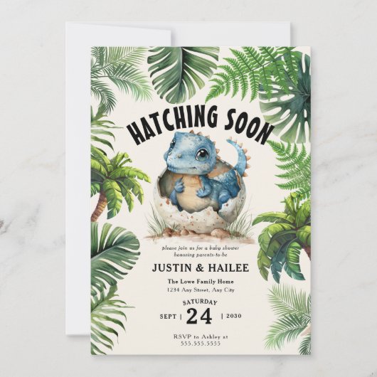 編集可能な孵化すぐに恐竜の赤ちゃんシャワー 招待状 (正面)