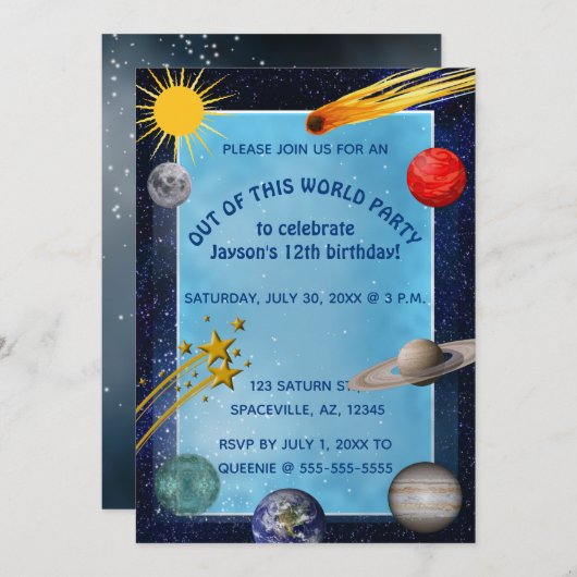 編集可能な宇宙誕生日 招待状 (正面/裏面)