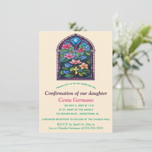 編集可能な宗教教会ステンドグラスの花 招待状 (スタンド正面)