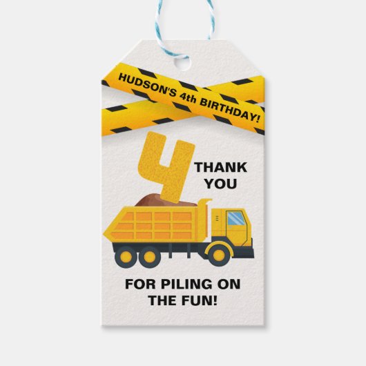 編集可能な工事感謝タグ - 黄色のダンプトラック ギフトタグ (正面)